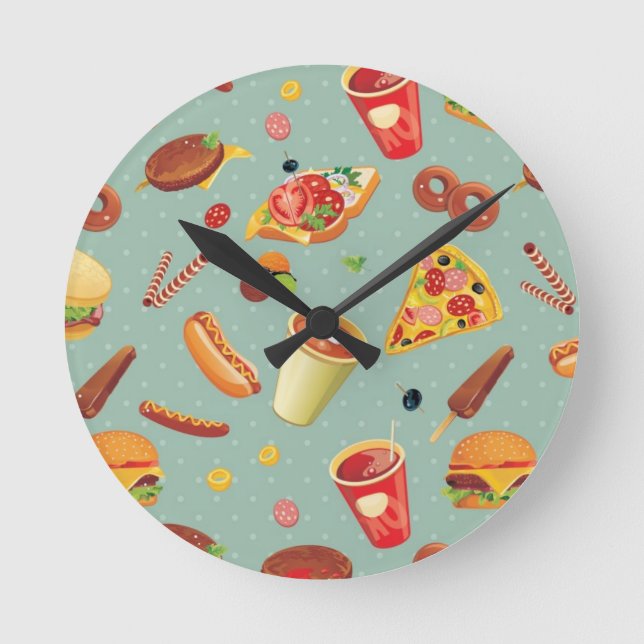 Elegantes Fast Food-Muster Runde Wanduhr (Vorderseite)