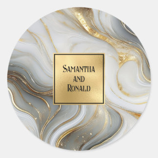 Elegantes Faux-Gold, Grau-Weiß-Marmor-Hochzeit Runder Aufkleber