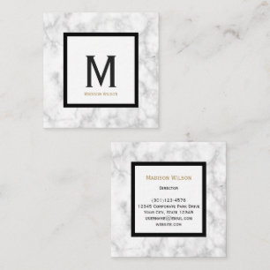 Elegantes Faux-Weißmarmor Schwarzes Monogramm Init Quadratische Visitenkarte
