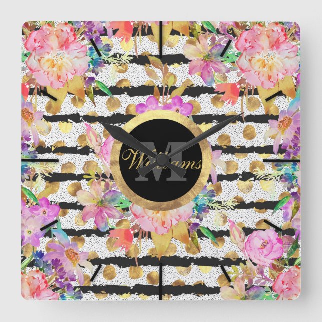 Elegantes Federblumen- und Streifen-Design Quadratische Wanduhr (Vorderseite)