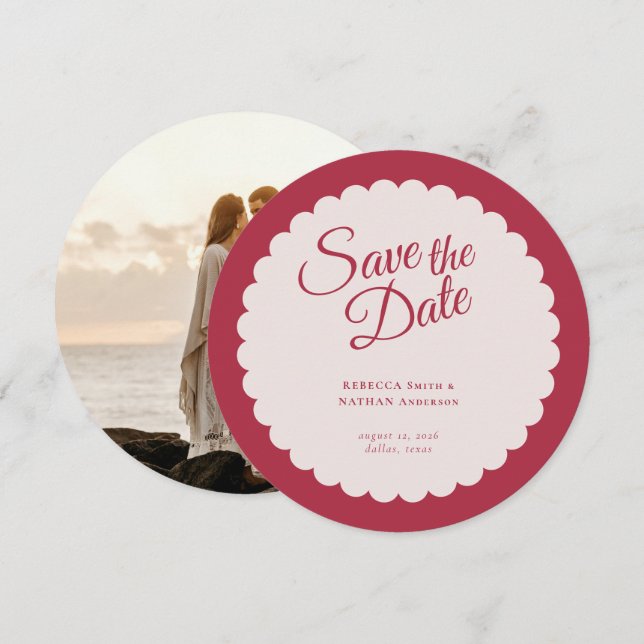 Elegantes, feines rosa Script-Scallop-Hochzeitsska Save The Date (Vorne/Hinten)