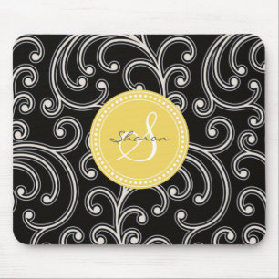 Elegantes, feminin-schwarzes Blumenmuster-Monogram Mousepad