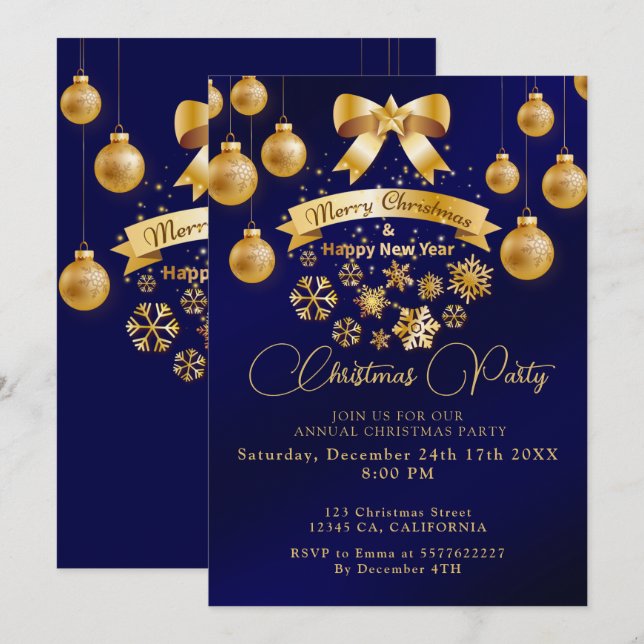 Elegantes festes Golden Bow Blauer Weihnachtsfest  Einladung (Vorne/Hinten)