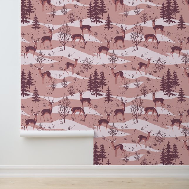 Elegantes festes Retro-Rosa Waldland Hirsch Tapete (Anwendung)