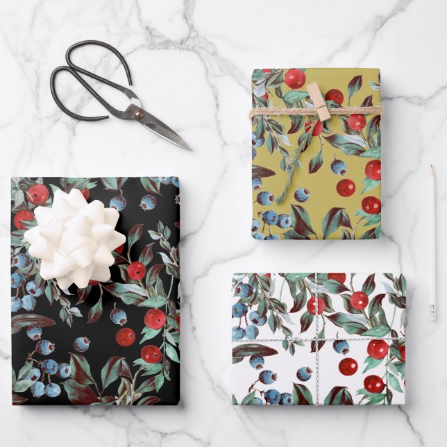 Elegantes festes Wasserfarben Rotes Blau Berries Geschenkpapier Set (Vorderseite)