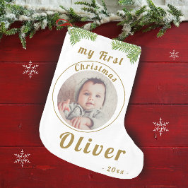 Elegantes festliches Baby`s First Christmas Foto Kleiner Weihnachtsstrumpf