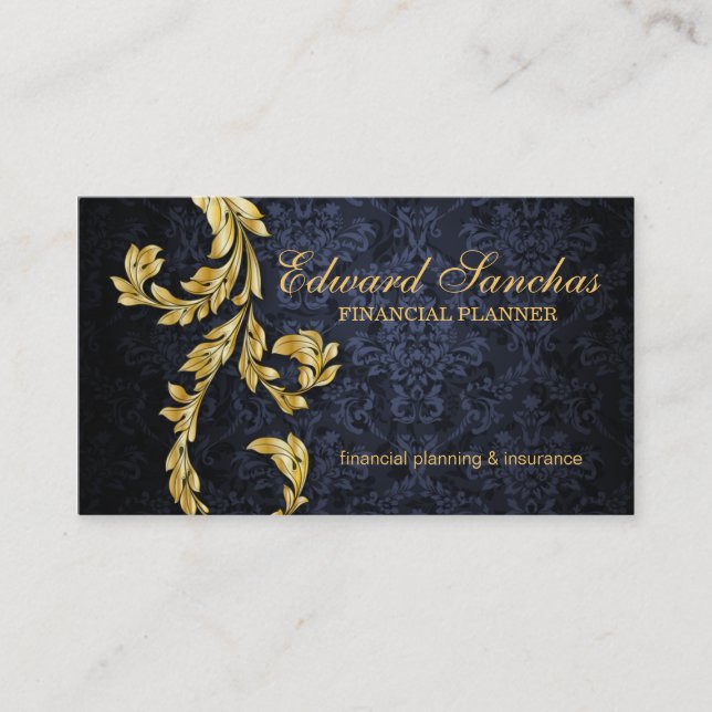 Elegantes Finanzplaner-Goldblatt-Marine-Blau Visitenkarte (Vorderseite)