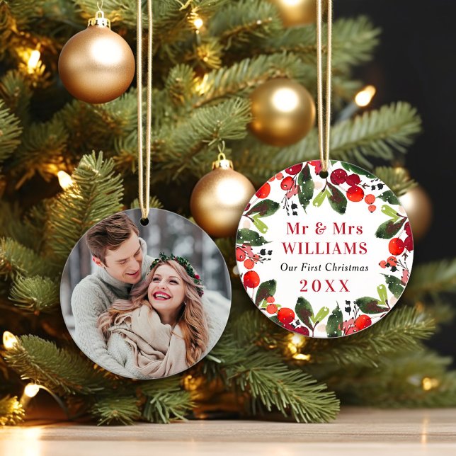 Elegantes First Christmas Greenerity Wedding Foto Ornament (Von Creator hochgeladen)