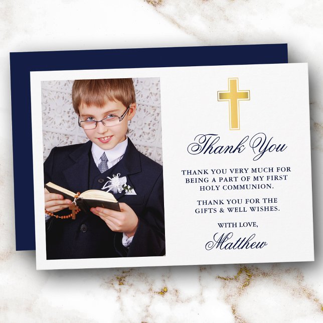 Elegantes First Holy Communion Foto Blue Gold Dankeskarte (Customize to change text size, color, style or to change color of back of card.)