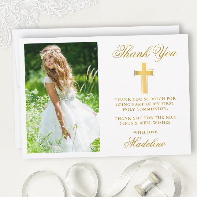 Elegantes First Holy Communion Foto Gold Dankeskarte (Customize to change text size, style, color or to add more text or photos to back of card.)
