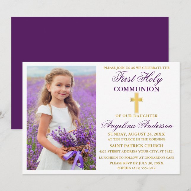 Elegantes First Holy Communion Foto Lila Gold Einladung (Vorne/Hinten)