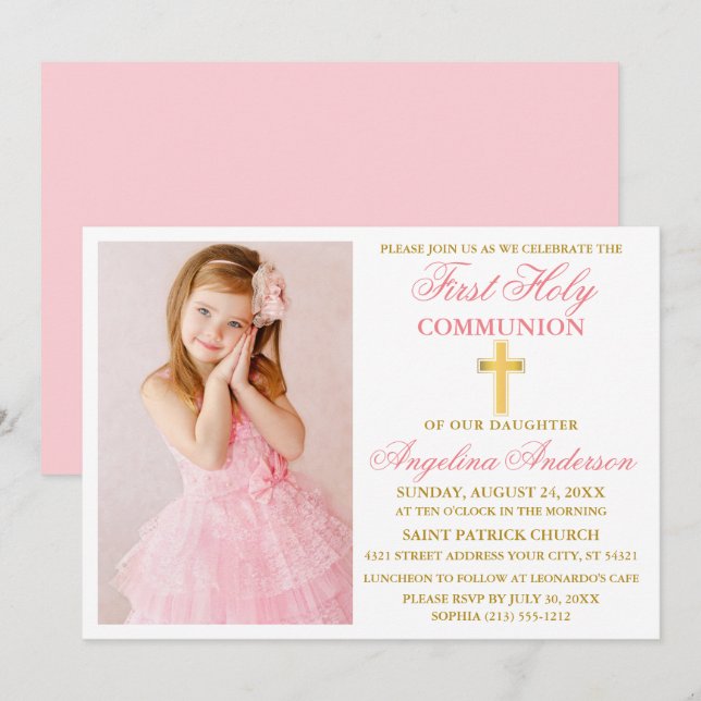 Elegantes First Holy Communion Foto Pink Gold Einladung (Vorne/Hinten)