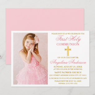 Elegantes First Holy Communion Foto Pink Gold Einladung