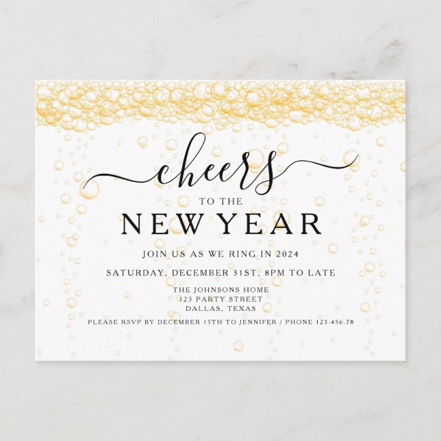 Elegantes Fizz Silvester-Party Einladungspostkarte (Vorderseite)
