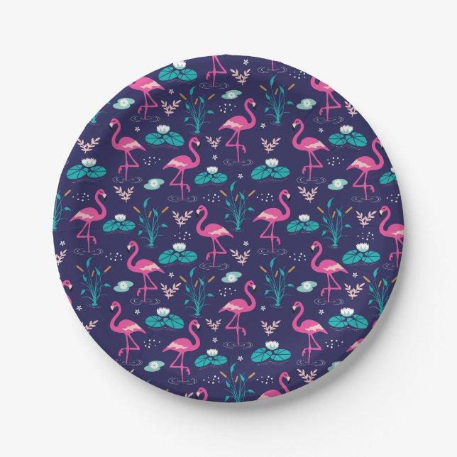 Elegantes Flamingos- und Lilypads-Muster auf der M Pappteller (Vorderseite)
