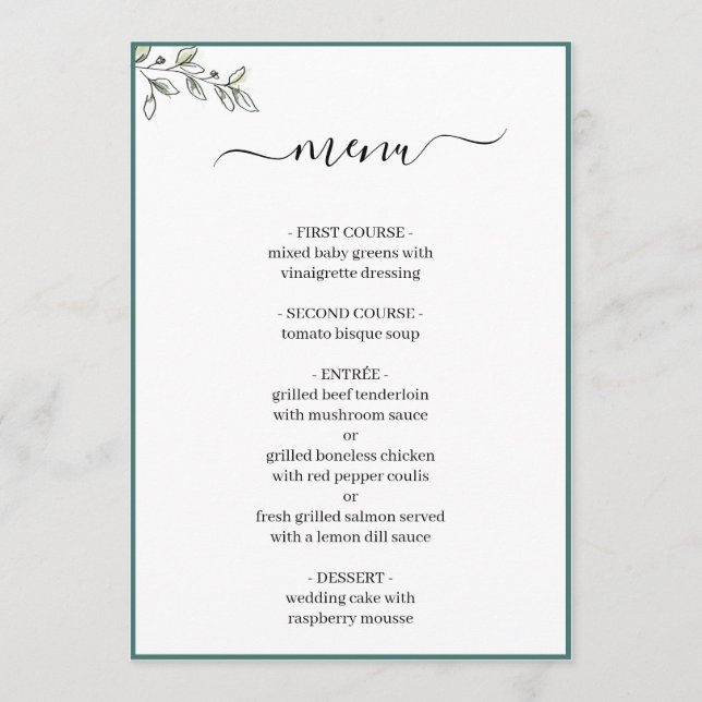 Elegantes Flat Moderne botanische Grüne Hochzeit Menükarte (Vorderseite)