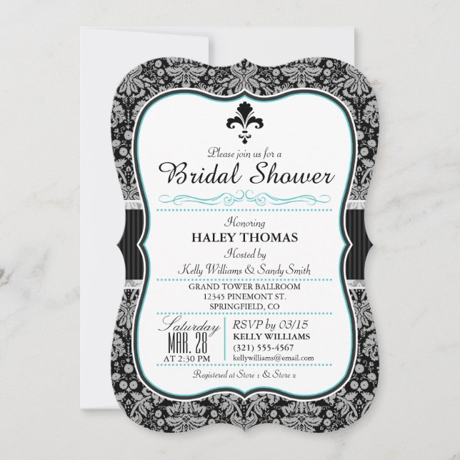 Elegantes Fleur-de-lis-Brautparty; Schwarzer Damas Einladung (Vorderseite)