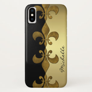 Elegantes Fleur-de-lis-Schwarz-Gold-Monogramm Case-Mate iPhone Hülle