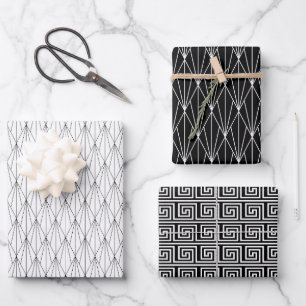 elegantes Fliesenmuster aus Schwarz-weißem Deko Geschenkpapier Set