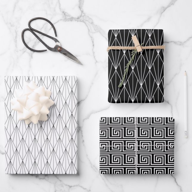 elegantes Fliesenmuster aus Schwarz-weißem Deko Geschenkpapier Set (Vorderseite)