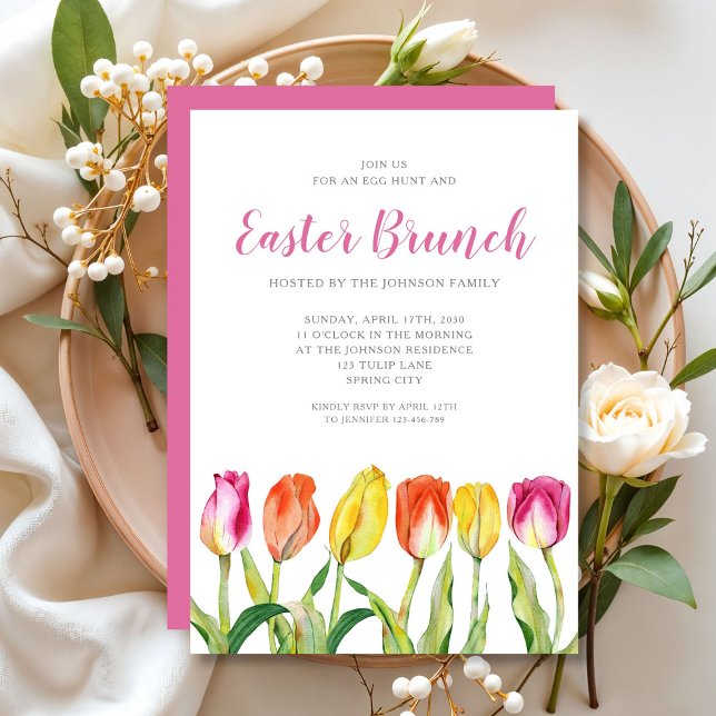 Elegantes Flora und Fauna Einladung (Colorful Floral Watercolor Tulip Easter Brunch Invitation)