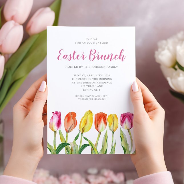 Elegantes Flora und Fauna Einladung (Colorful Floral Watercolor Tulip Easter Brunch Invitation)