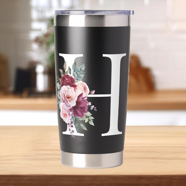 Elegantes Floral Anfangsname Monogramm Thermobecher (Von Creator hochgeladen)