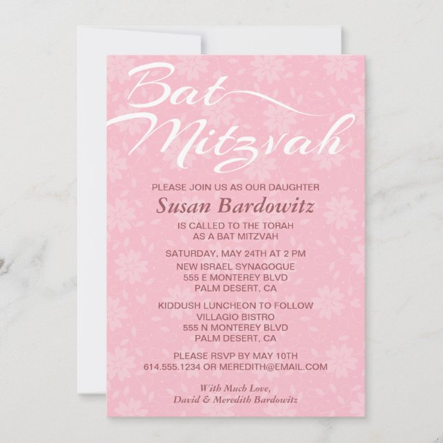 Elegantes Floral Bat Mitzvah Einladung (Vorderseite)