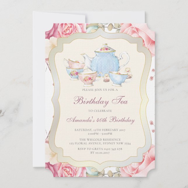 Elegantes Floral Birthday Tea Party Einladung (Vorderseite)