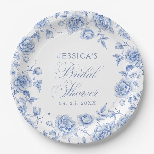 Elegantes Floral Blue Chinoiserie Brautparty Pappteller (Vorderseite)