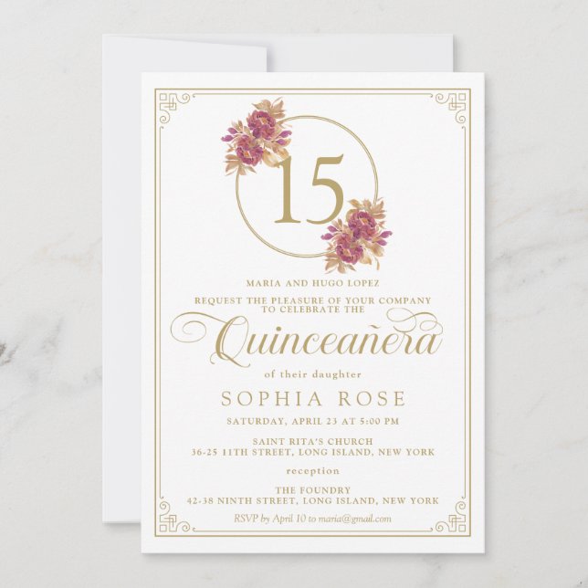 Elegantes Floral Burgund & Gold Quinceanera Einladung (Vorderseite)
