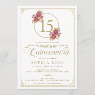 Elegantes Floral Burgund & Gold Quinceanera Einladung