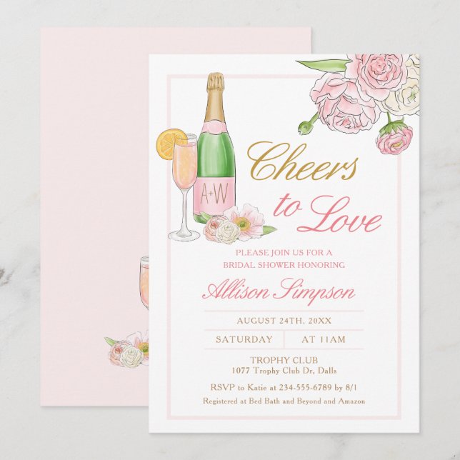 Elegantes Floral Champagne Brautparty Einladung (Vorne/Hinten)