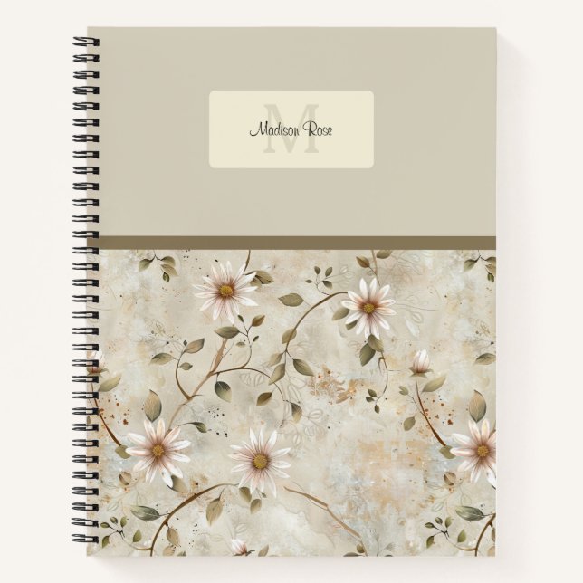 Elegantes floral Daisy Muster Monogramm Notizbuch (Vorderseite)