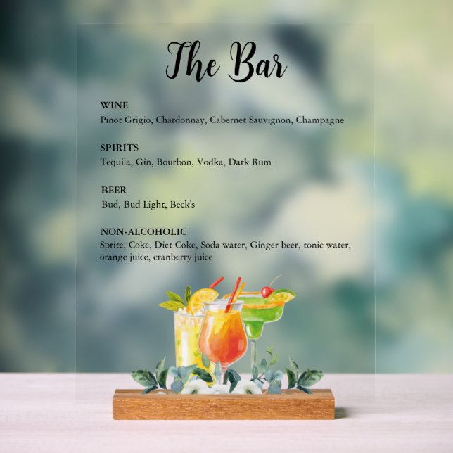 Elegantes Floral Drink Bar Menu Akryllische Schrif Acrylschild (Neutral)