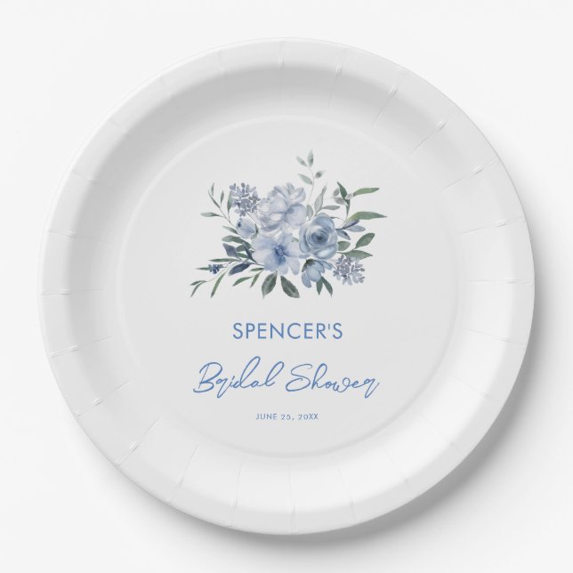 Elegantes floral Dusty Blue Brautparty Pappteller (Vorderseite)