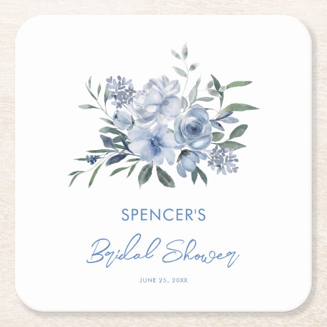 Elegantes floral Dusty Blue Brautparty Rechteckiger Pappuntersetzer (Vorderseite)
