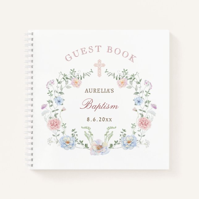 Elegantes Floral Frame Taufe Gästebuch Notizbuch (Vorderseite)