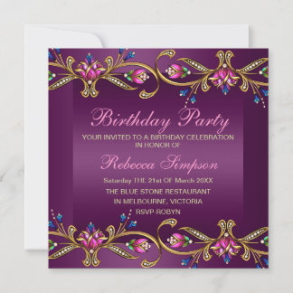 Elegantes Floral Gem Lila/Black Birthday Einladung