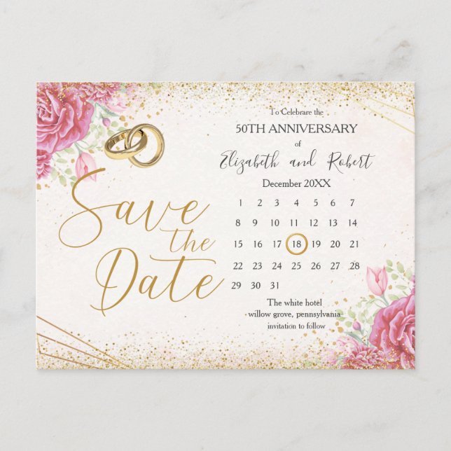 Elegantes Floral Gold 50 Jahre Jubiläum Save the D Ankündigungspostkarte (Vorderseite)