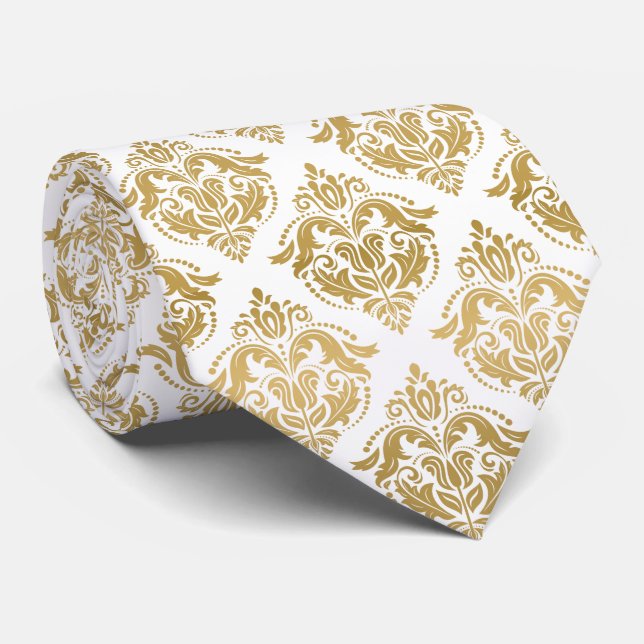 Elegantes Floral Gold Damaskus Geometrisches Muste Krawatte (Gerollt)
