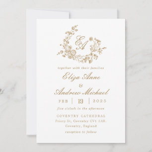 Elegantes Floral Gold Monogram Wappen Hochzeit Einladung