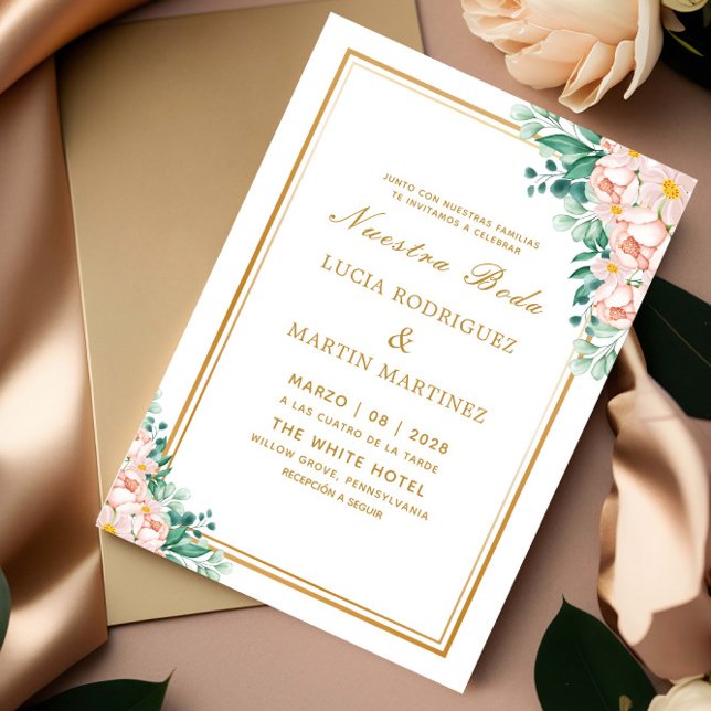 Elegantes Floral Gold Rahmen White Nuestra Boda Einladung (Von Creator hochgeladen)