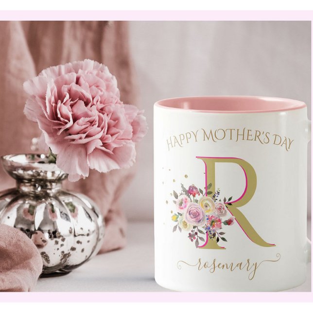 Elegantes Floral Gold Rosa IHRER Monogramm Name Zweifarbige Tasse (Von Creator hochgeladen)