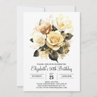 Elegantes Floral Gold und Black 50. Geburtstag Einladung