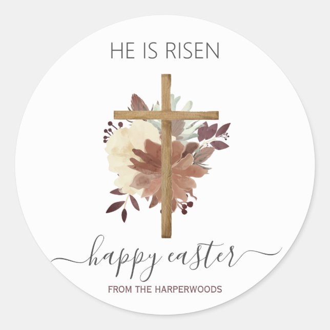 Elegantes Floral Happy Oaster Cross Christlich Runder Aufkleber (Vorderseite)