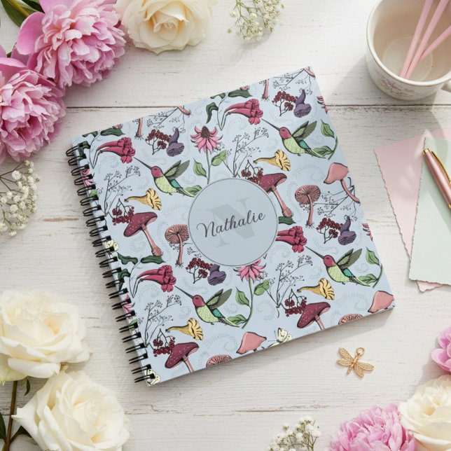 Elegantes Floral Hummingbird Muster Blau Notizbuch (Pretty Colibri & Flowers Blue Pattern.Feminine Monogram Square Hummingbird Garden Notebook for Her)
