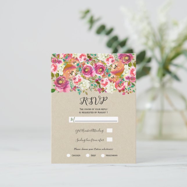 Elegantes floral Kraft Shabby Chic Wedding RSVP Einladung (Stehend Vorderseite)