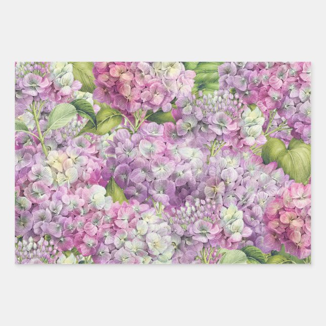 Elegantes Floral Lavendel Pink Hydrangea Muster Geschenkpapier Set (Vorderseite)