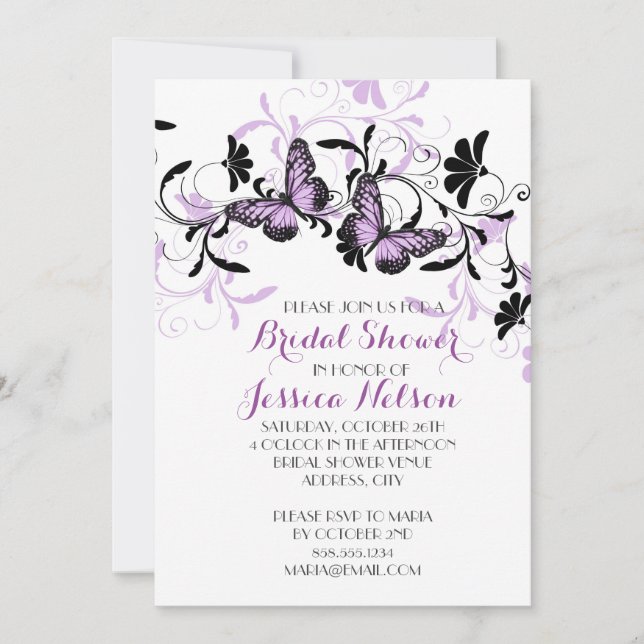Elegantes Floral Lavender Butterfly Brautparty Einladung (Vorderseite)